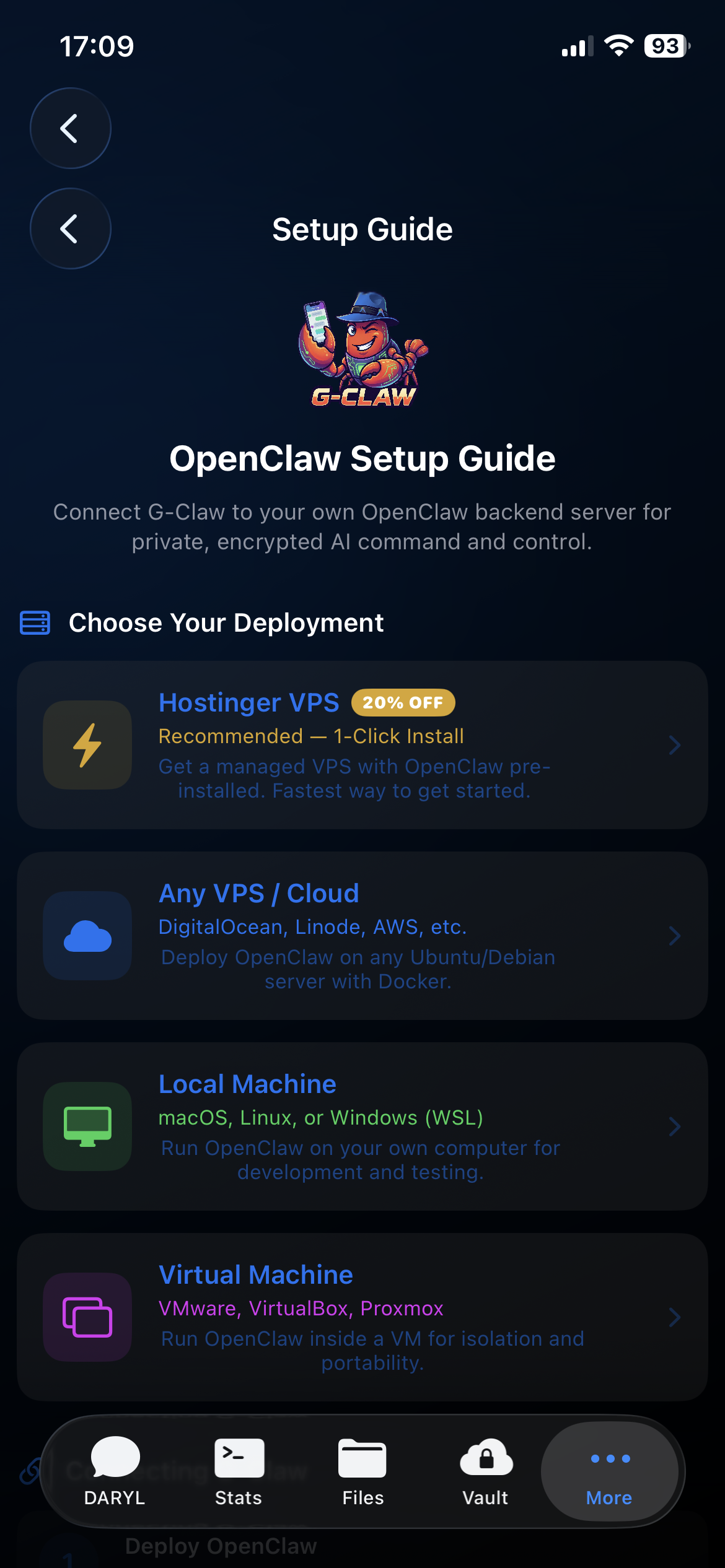 G-Claw self-hosted architecture — your server, your data, protected by a security dome