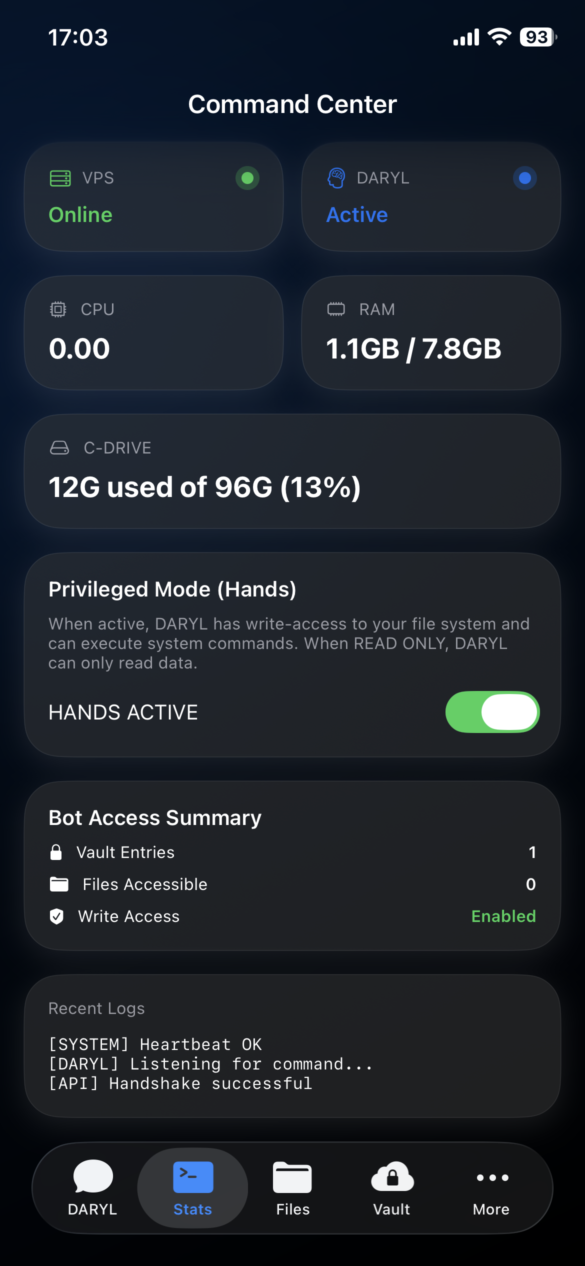 G-Claw Command Center — live CPU, RAM, and storage monitoring with glassmorphic stat cards